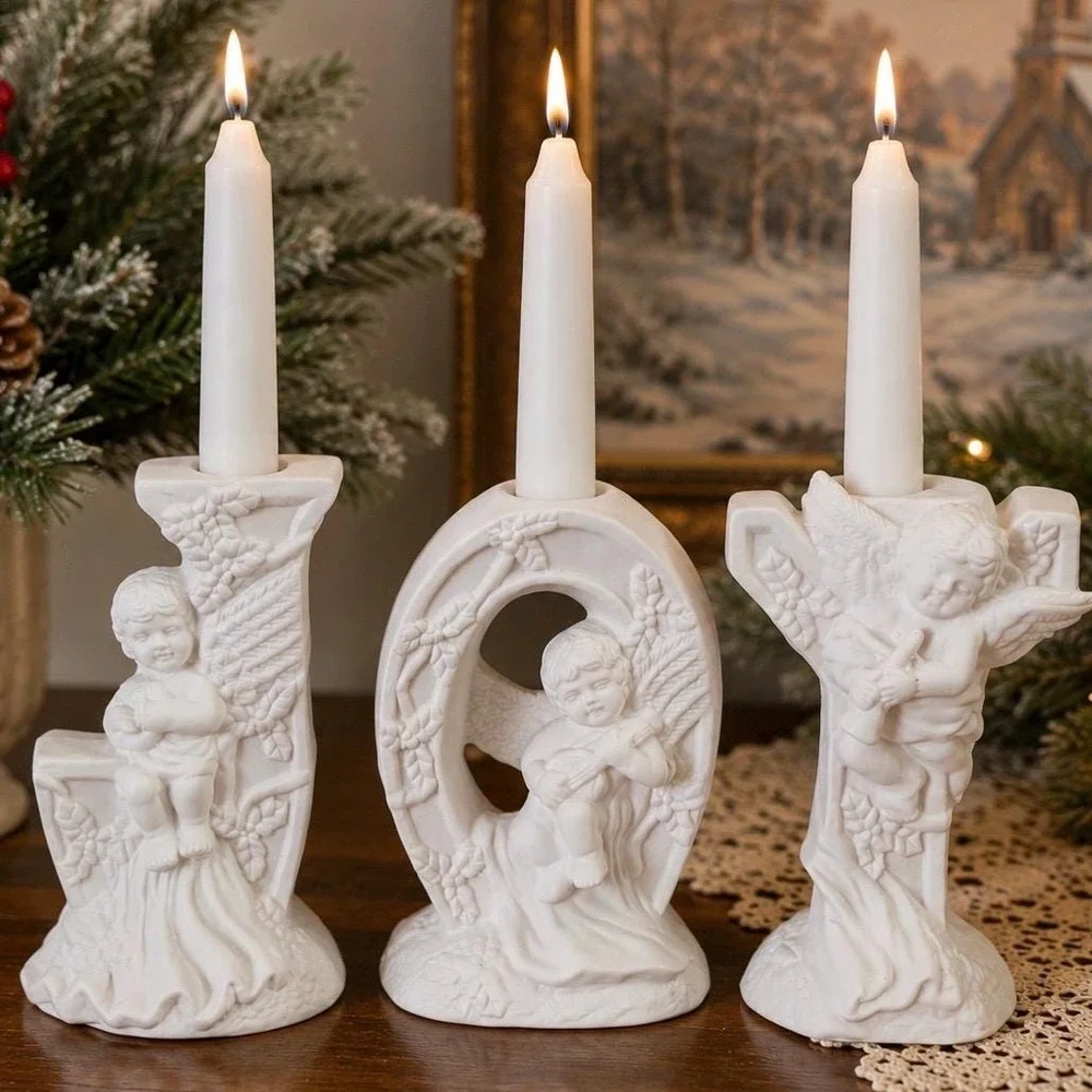 VTG Porcelain JOY Candle Holders White Bisque Cherub Angels Christmas Decor Box